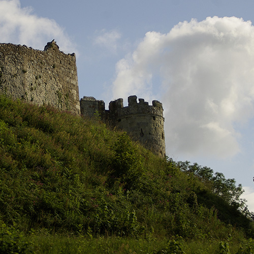 castle at the top of a wooded slope