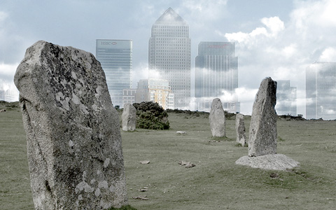 ancient and modern: stone circle and skyscrapers